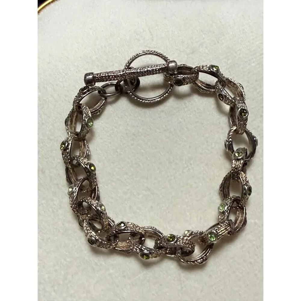 Vintage 1970s Brutalist Woodland Link Bracelet Green Rhinestones 8.5”